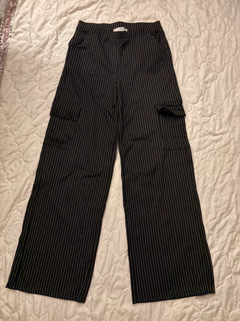 Black Pinstripe Wide Leg Cargo Pants